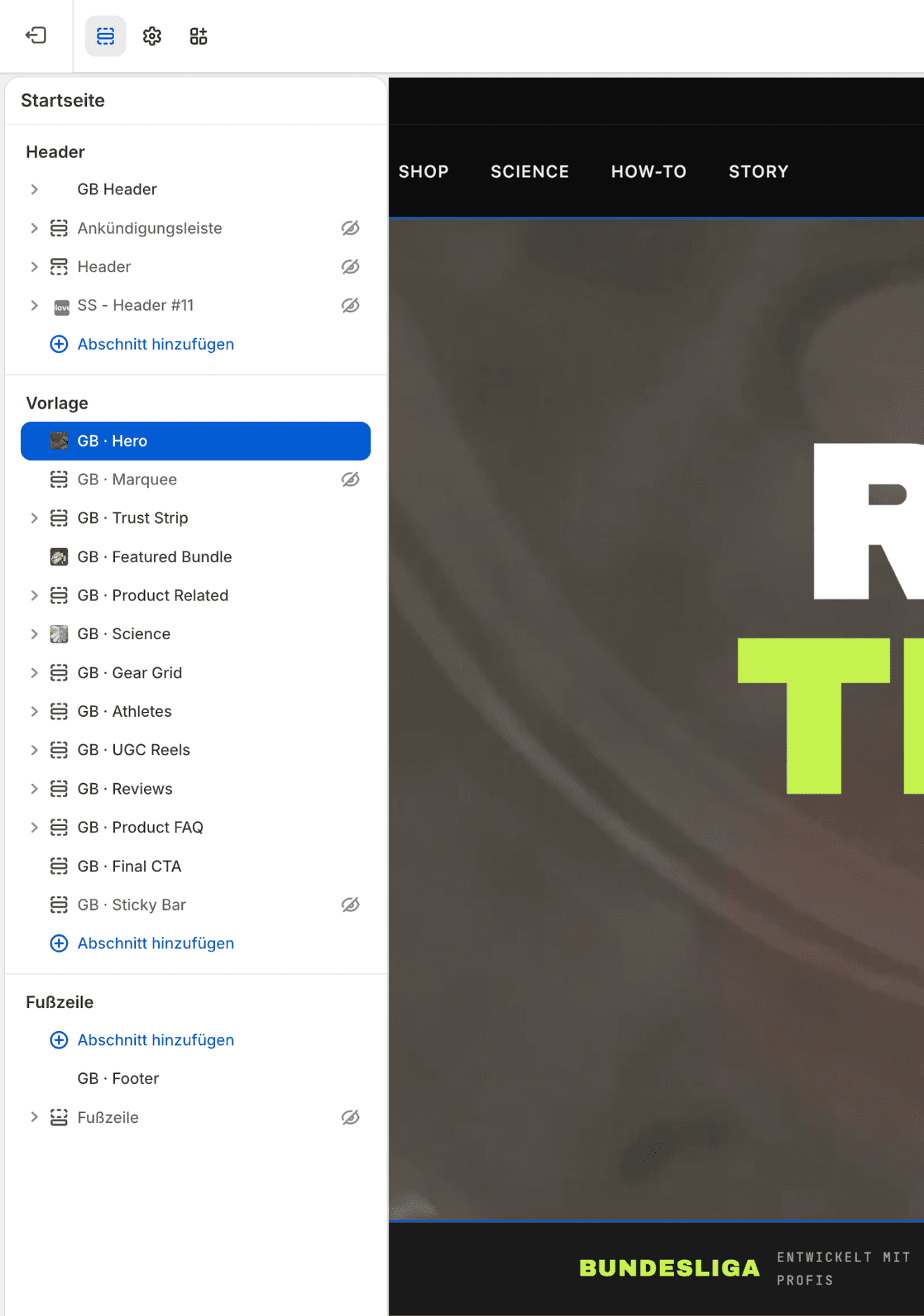 Shopify Theme-Editor mit der Abschnittsliste der GloveBag-Startseite