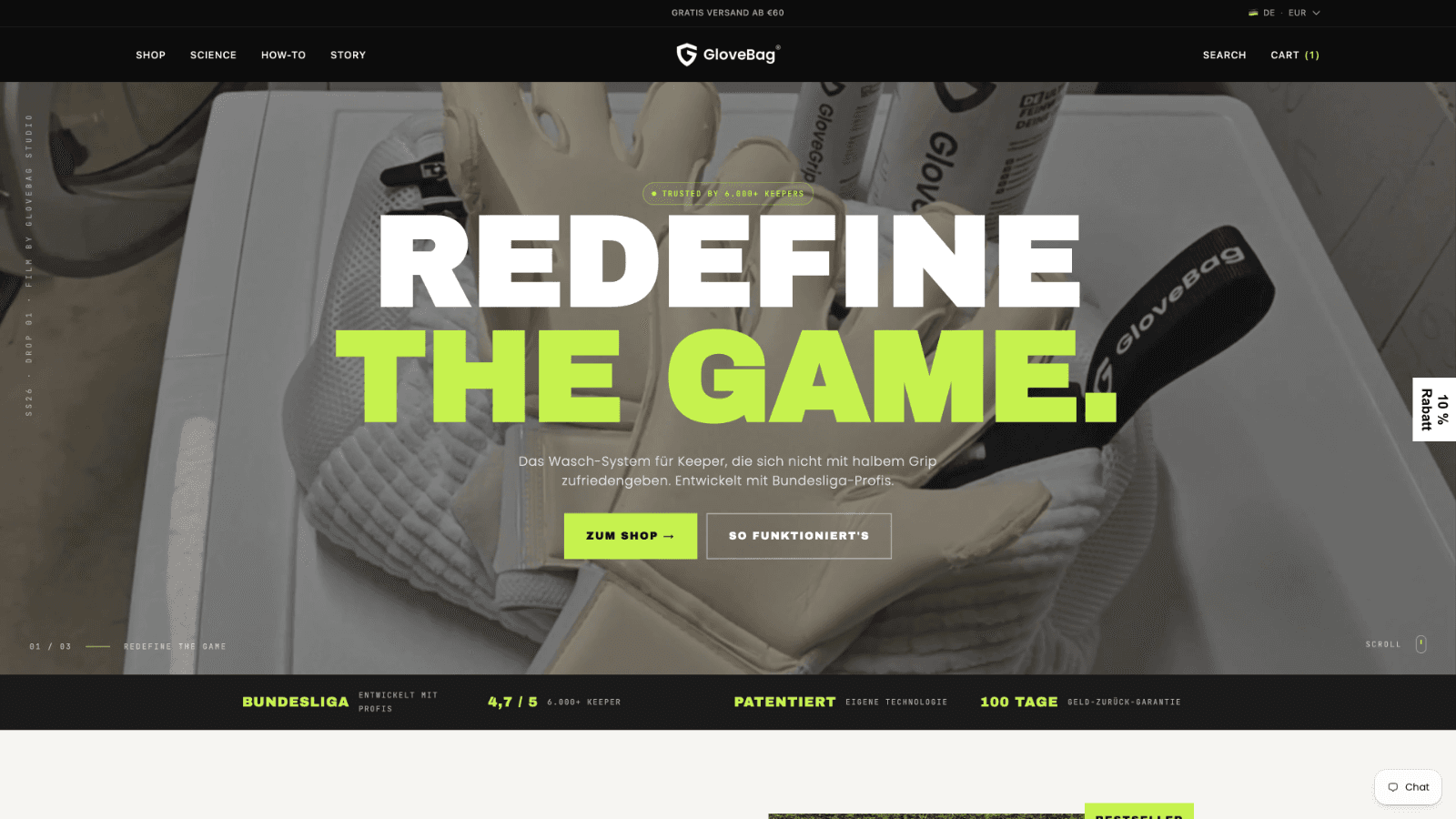 Startseite von glovebag.de mit der Kampagne „Redefine the Game“