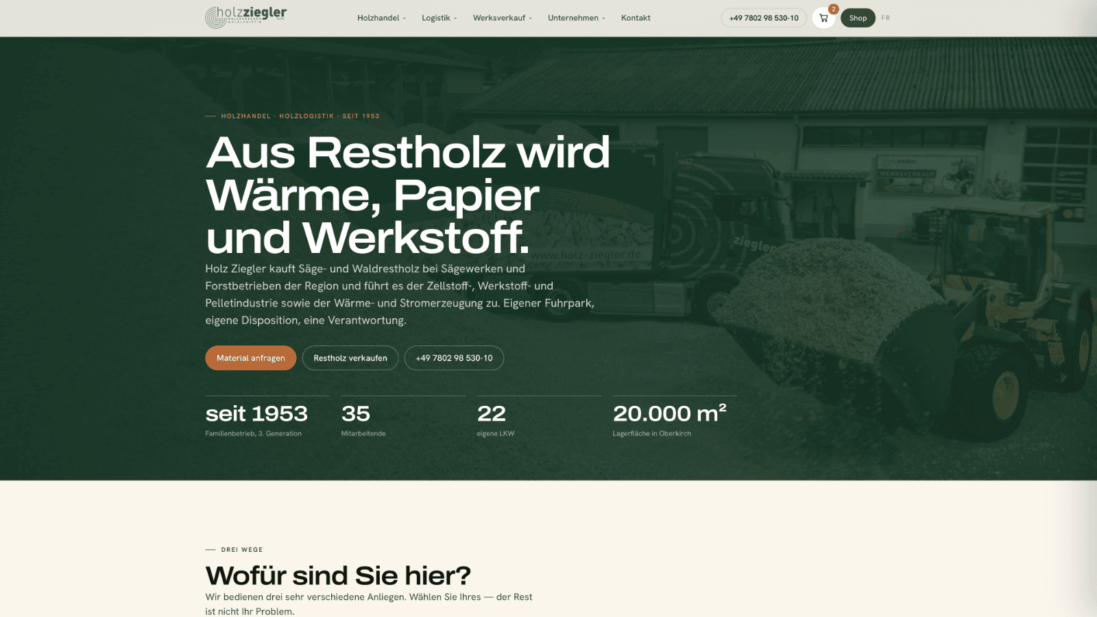 Startseite von Holz Ziegler mit Hero „Aus Restholz wird Wärme, Papier und Werkstoff“